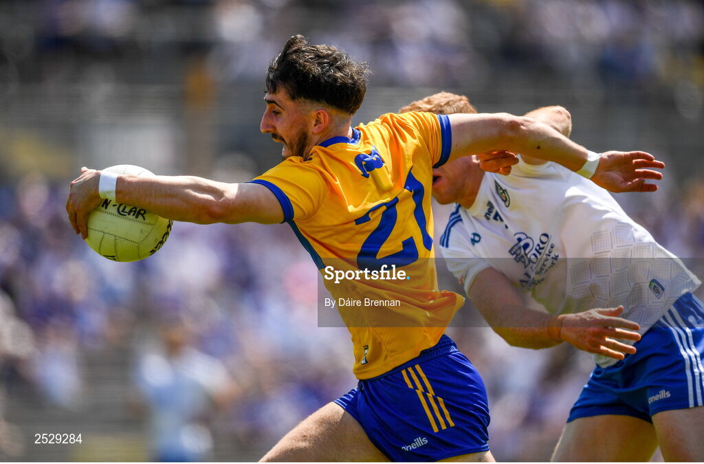 4 June 2023; Aaron Griffin of Clare in action against Kieran Duffy of Monaghan during the GAA Football All-Ireland Senior Championship Round 2 match between Monaghan and Clare at St Tiernach's Park in Clones, Monaghan. Photo by Daire Brennan/Sportsfile