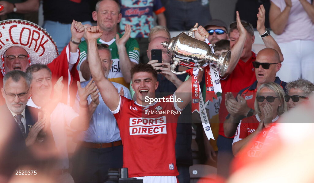 4 June 2023; Cork captain Michael Mullins lifts the cup after the O’Neills.com GAA Hurling All-Ireland U20 Championship Final match between Cork and Offaly at FBD Semple Stadium in Thurles, Tipperary. Photo by Michael P Ryan/Sportsfile