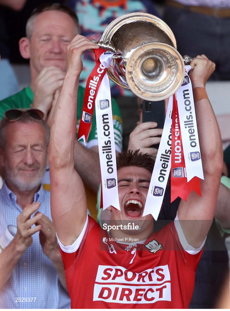 4 June 2023; Cork captain Michael Mullins lifts the cup after the O’Neills.com GAA Hurling All-Ireland U20 Championship Final match between Cork and Offaly at FBD Semple Stadium in Thurles, Tipperary. Photo by Michael P Ryan/Sportsfile