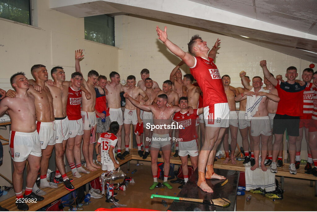 4 June 2023; Cork captain Michael Mullins celebrates with his teammates in the dressing room after the O’Neills.com GAA Hurling All-Ireland U20 Championship Final match between Cork and Offaly at FBD Semple Stadium in Thurles, Tipperary. Photo by Michael P Ryan/Sportsfile