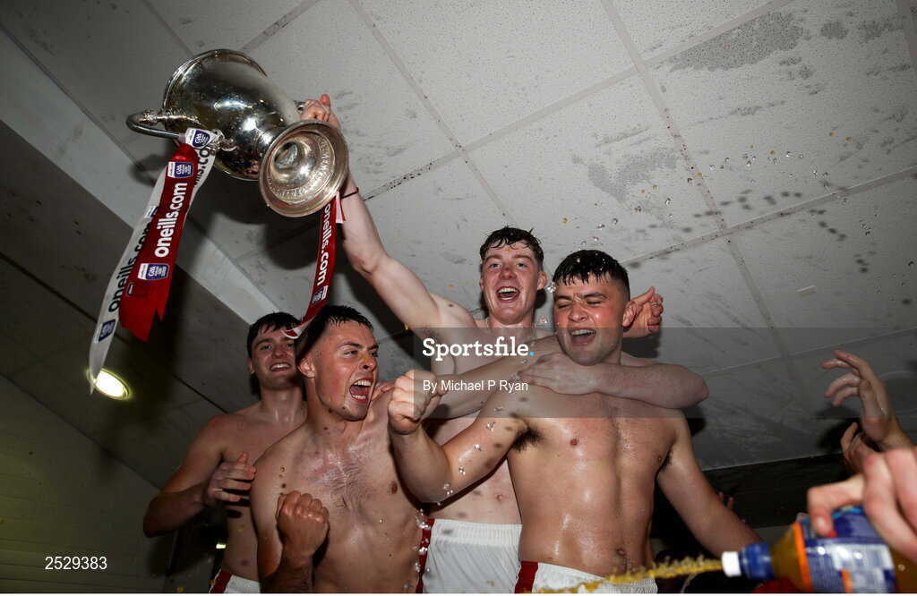 4 June 2023; Cork players celebrate in the dressing room after the O’Neills.com GAA Hurling All-Ireland U20 Championship Final match between Cork and Offaly at FBD Semple Stadium in Thurles, Tipperary. Photo by Michael P Ryan/Sportsfile