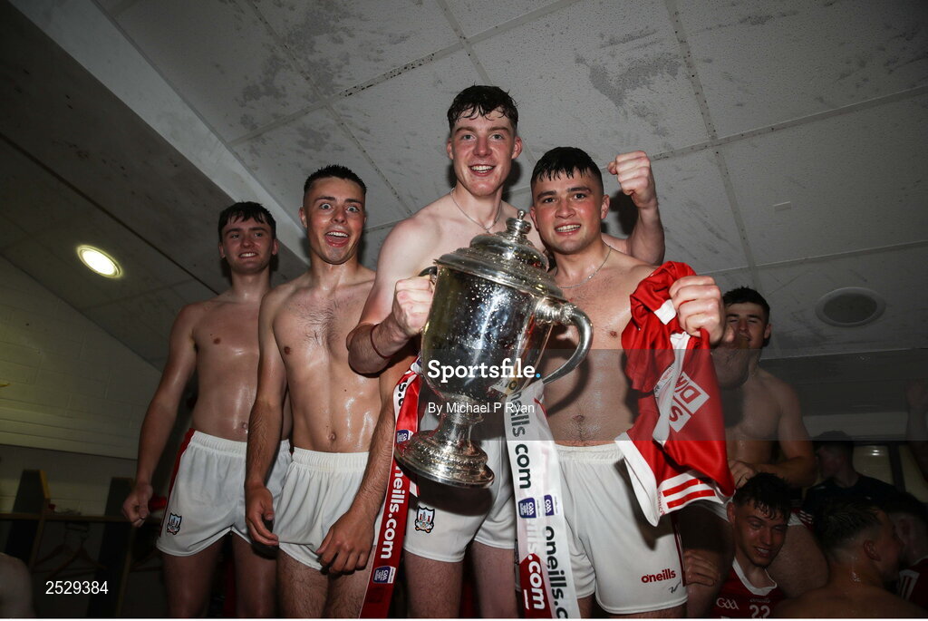 4 June 2023; Cork players celebrate in the dressing room after the O’Neills.com GAA Hurling All-Ireland U20 Championship Final match between Cork and Offaly at FBD Semple Stadium in Thurles, Tipperary. Photo by Michael P Ryan/Sportsfile