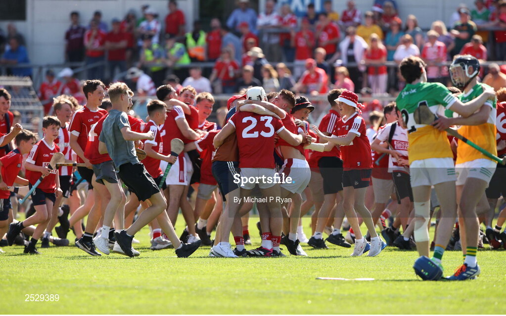 4 June 2023; Brian Keating of Cork is congratulated by supporters at full time after the O’Neills.com GAA Hurling All-Ireland U20 Championship Final match between Cork and Offaly at FBD Semple Stadium in Thurles, Tipperary. Photo by Michael P Ryan/Sportsfile