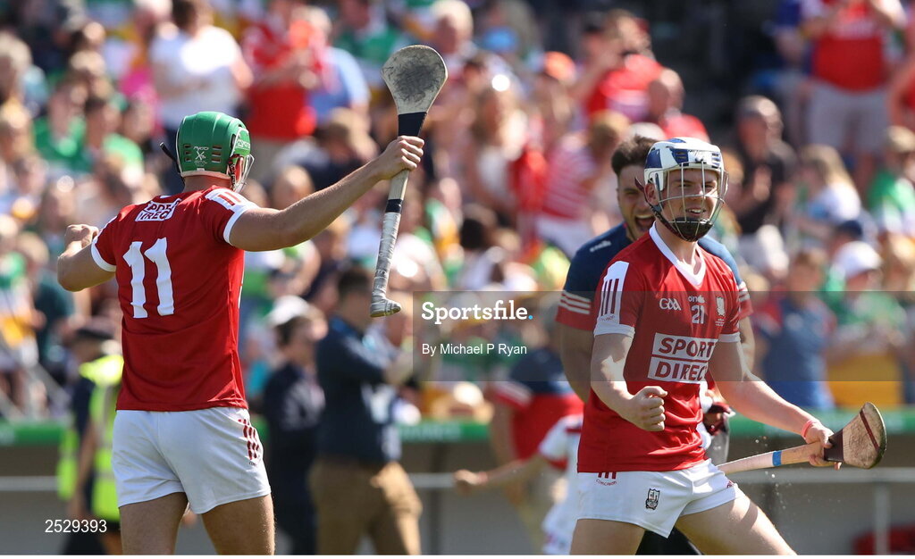 4 June 2023; Ben Cunningham, left, and Adam O'Sullivan of Cork celebrate after the O’Neills.com GAA Hurling All-Ireland U20 Championship Final match between Cork and Offaly at FBD Semple Stadium in Thurles, Tipperary. Photo by Michael P Ryan/Sportsfile