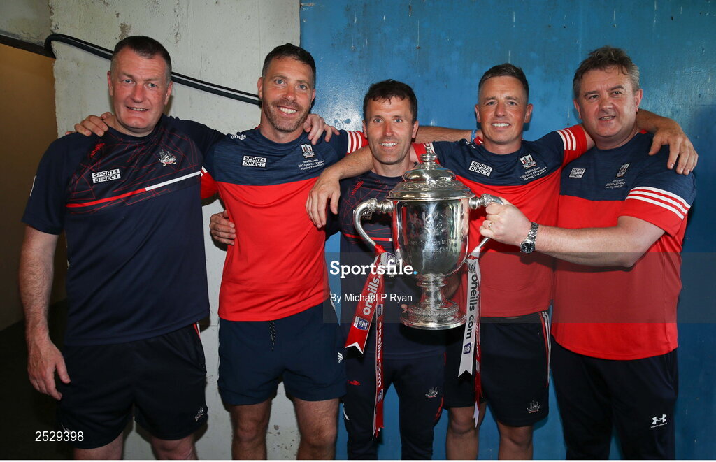 4 June 2023; Cork manager Ben O'Connor, centre, with his coaching staff after the O’Neills.com GAA Hurling All-Ireland U20 Championship Final match between Cork and Offaly at FBD Semple Stadium in Thurles, Tipperary. Photo by Michael P Ryan/Sportsfile
