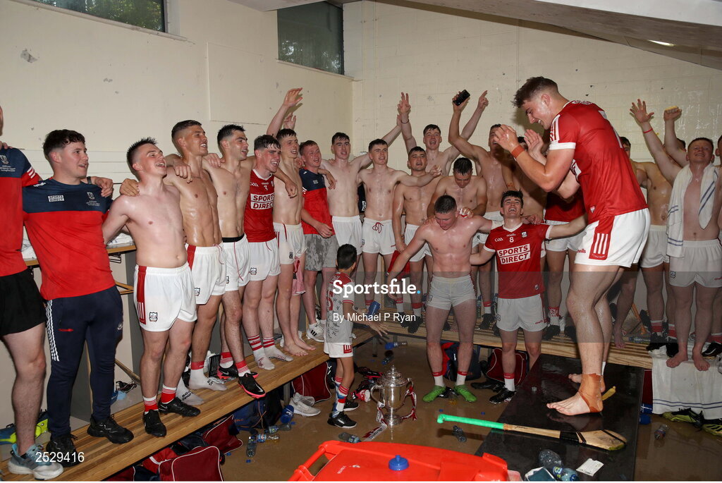4 June 2023; Cork captain Michael Mullins celebrates with teammates in the dressing room after the O’Neills.com GAA Hurling All-Ireland U20 Championship Final match between Cork and Offaly at FBD Semple Stadium in Thurles, Tipperary. Photo by Michael P Ryan/Sportsfile