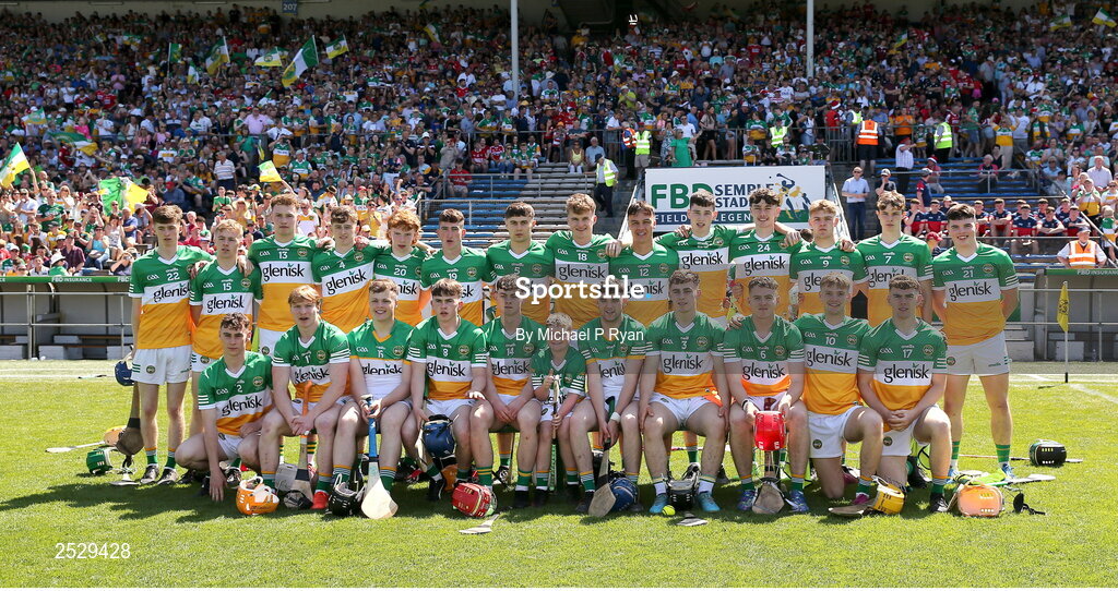 4 June 2023; The Offaly squad before the O’Neills.com GAA Hurling All-Ireland U20 Championship Final match between Cork and Offaly at FBD Semple Stadium in Thurles, Tipperary. Photo by Michael P Ryan/Sportsfile
