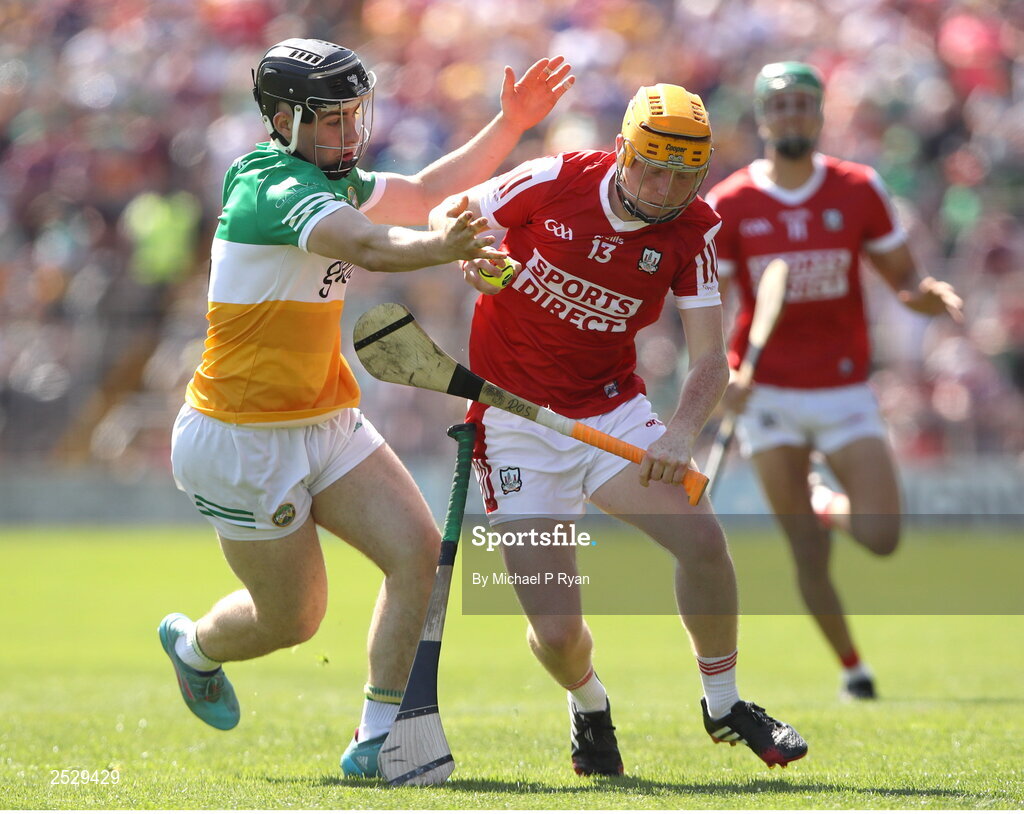 4 June 2023; Ross O'Sullivan of Cork in action against James Mahon of Offaly during the O’Neills.com GAA Hurling All-Ireland U20 Championship Final match between Cork and Offaly at FBD Semple Stadium in Thurles, Tipperary. Photo by Michael P Ryan/Sportsfile