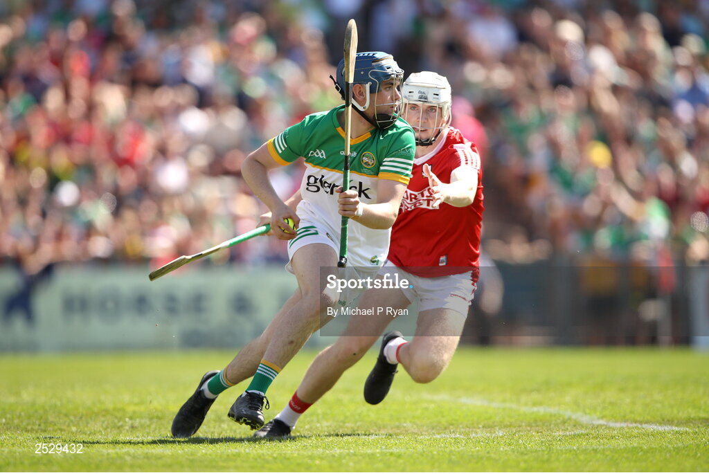 4 June 2023; Offaly goalkeeper Mark Troy in action against Jack Leahy of Cork during the O’Neills.com GAA Hurling All-Ireland U20 Championship Final match between Cork and Offaly at FBD Semple Stadium in Thurles, Tipperary. Photo by Michael P Ryan/Sportsfile