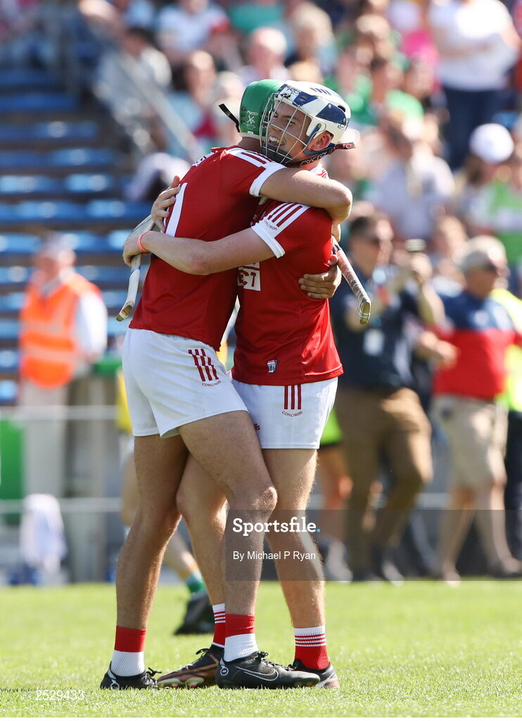 4 June 2023; Cork players Ben Cunningham, left, and Adam O'Sullivan celebrate after the O’Neills.com GAA Hurling All-Ireland U20 Championship Final match between Cork and Offaly at FBD Semple Stadium in Thurles, Tipperary. Photo by Michael P Ryan/Sportsfile