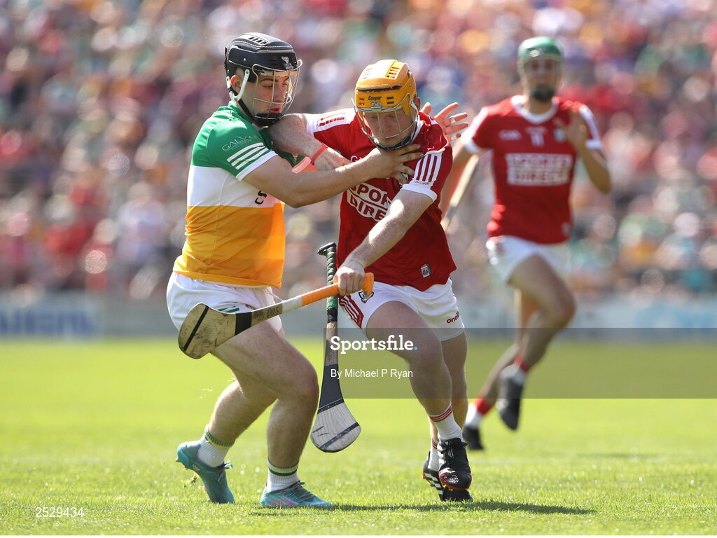 4 June 2023; Ross O'Sullivan of Cork in action against James Mahon of Offaly during the O’Neills.com GAA Hurling All-Ireland U20 Championship Final match between Cork and Offaly at FBD Semple Stadium in Thurles, Tipperary. Photo by Michael P Ryan/Sportsfile