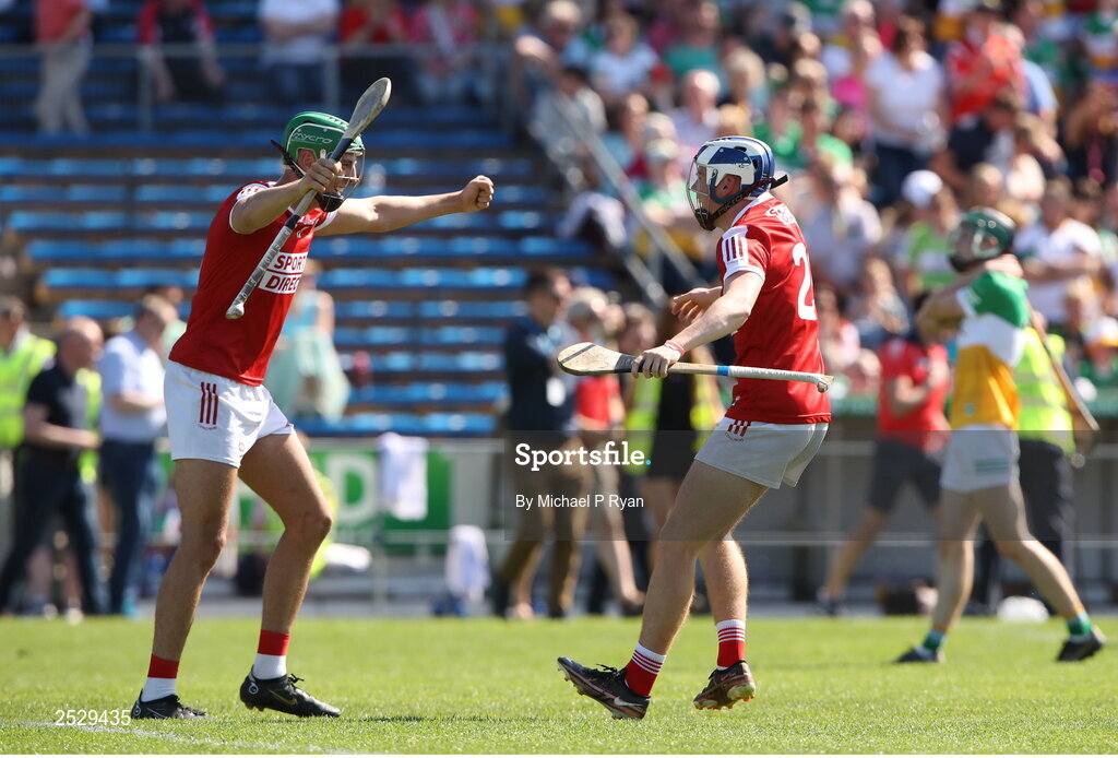 4 June 2023; Cork players Ben Cunningham, left, and Adam O'Sullivan celebrate after the O’Neills.com GAA Hurling All-Ireland U20 Championship Final match between Cork and Offaly at FBD Semple Stadium in Thurles, Tipperary. Photo by Michael P Ryan/Sportsfile