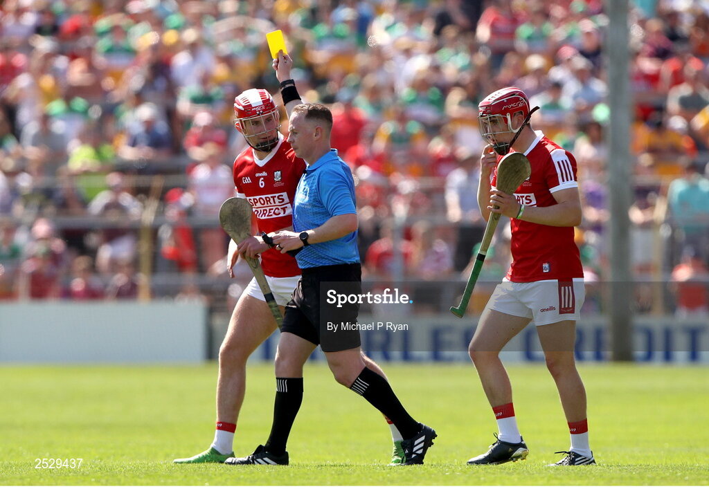 4 June 2023; Ben O'Connor of Cork is shown a yellow card by referee Chris Mooney during the O’Neills.com GAA Hurling All-Ireland U20 Championship Final match between Cork and Offaly at FBD Semple Stadium in Thurles, Tipperary. Photo by Michael P Ryan/Sportsfile