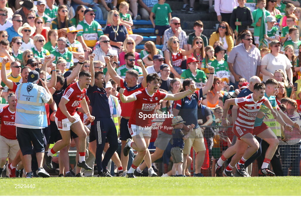 4 June 2023; Tadhg O'Connell of Cork, centre, celebrates at the final whistle during the O’Neills.com GAA Hurling All-Ireland U20 Championship Final match between Cork and Offaly at FBD Semple Stadium in Thurles, Tipperary. Photo by Michael P Ryan/Sportsfile