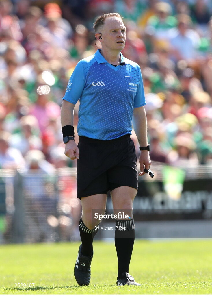 4 June 2023; Referee Chris Mooney during the O’Neills.com GAA Hurling All-Ireland U20 Championship Final match between Cork and Offaly at FBD Semple Stadium in Thurles, Tipperary. Photo by Michael P Ryan/Sportsfile