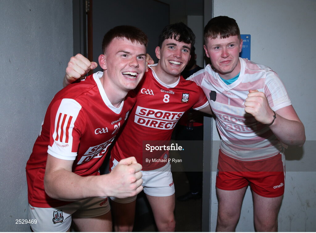 4 June 2023; Cork players, from left, Adam O'Sullivan, Tadhg O'Connell, and Brion Saunderson celebrate after the O’Neills.com GAA Hurling All-Ireland U20 Championship Final match between Cork and Offaly at FBD Semple Stadium in Thurles, Tipperary. Photo by Michael P Ryan/Sportsfile