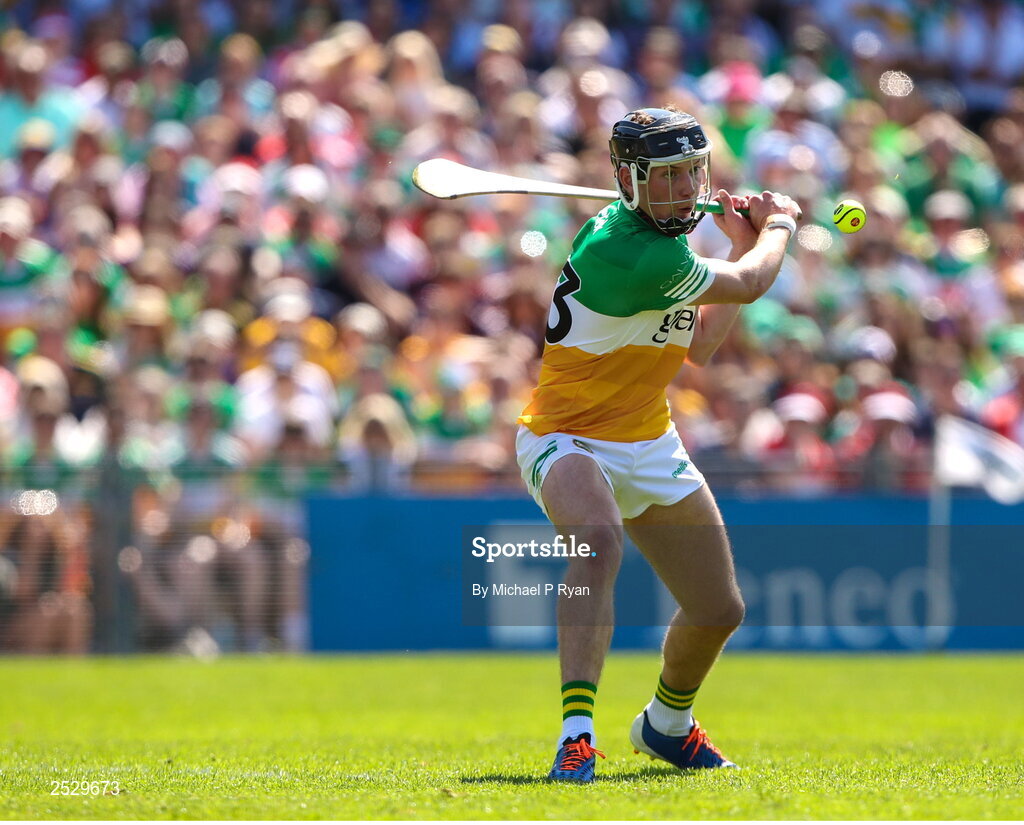 4 June 2023; Dan Ravenhill of Offaly shoots to score a penalty during the O’Neills.com GAA Hurling All-Ireland U20 Championship Final match between Cork and Offaly at FBD Semple Stadium in Thurles, Tipperary. Photo by Michael P Ryan/Sportsfile