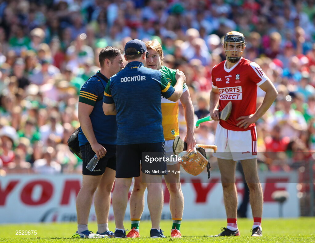 4 June 2023; Cormac Egan of Offaly receives medical attention during the O’Neills.com GAA Hurling All-Ireland U20 Championship Final match between Cork and Offaly at FBD Semple Stadium in Thurles, Tipperary. Photo by Michael P Ryan/Sportsfile