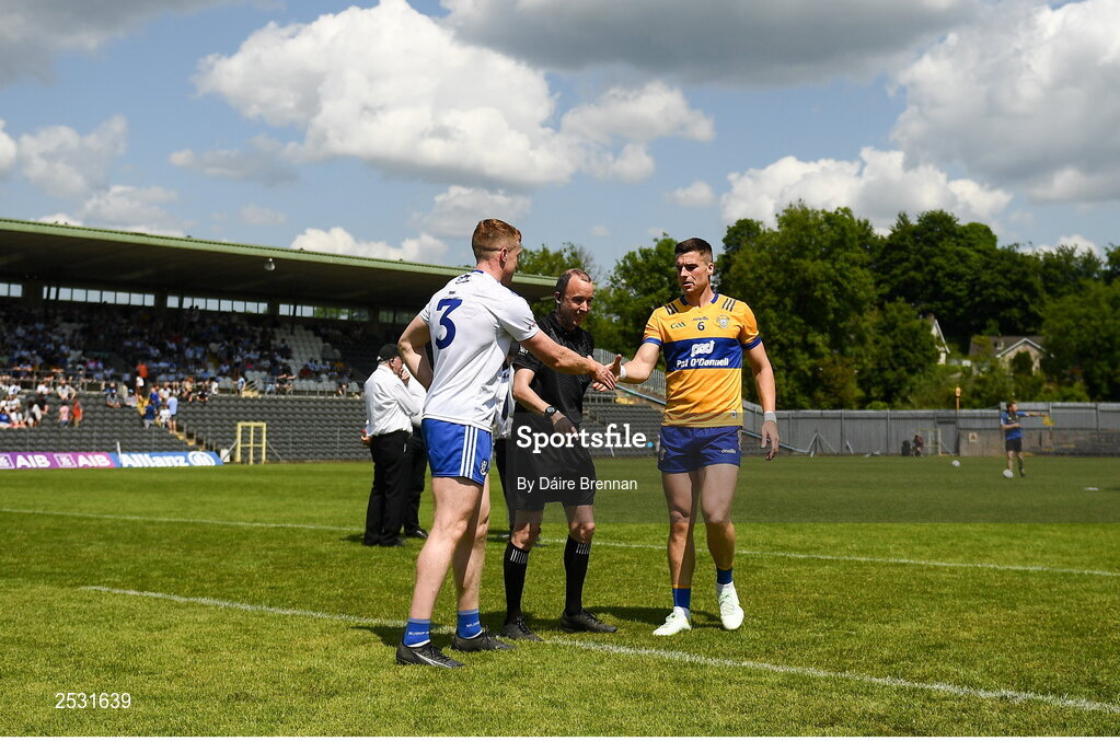 4 June 2023; Monaghan captain Kieran Duffy shakes hands with Clare captain Jamie Malone ahead of the GAA Football All-Ireland Senior Championship Round 2 match between Monaghan and Clare at St Tiernach's Park in Clones, Monaghan. Photo by Daire Brennan/Sportsfile