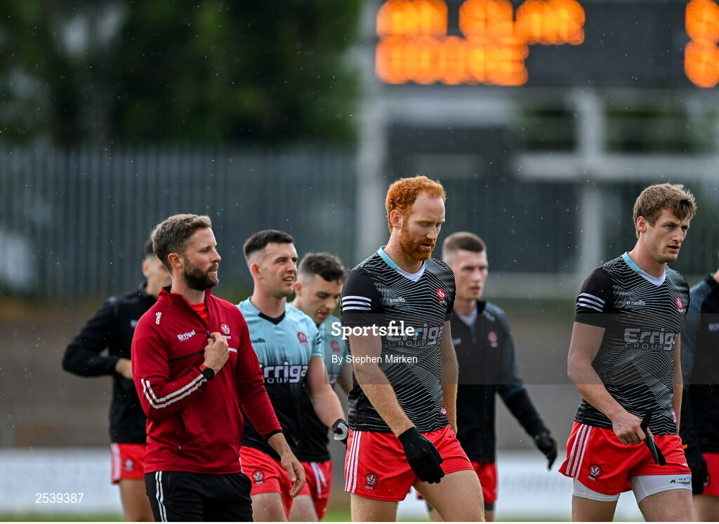17 June 2023; Conor Glass of Derry, centre, leaves the field before the GAA Football All-Ireland Senior Championship Round 3 match between Derry and Clare at Glennon Brothers Pearse Park in Longford. Photo by Stephen Marken/Sportsfile