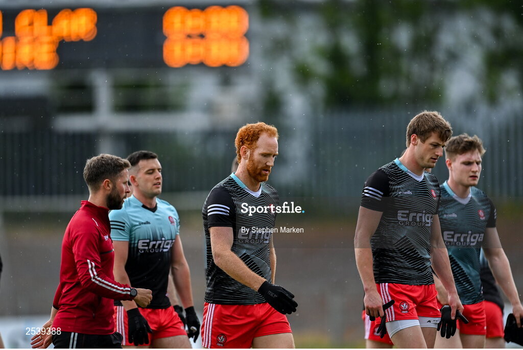 17 June 2023; Conor Glass of Derry, centre, leaves the field before the GAA Football All-Ireland Senior Championship Round 3 match between Derry and Clare at Glennon Brothers Pearse Park in Longford. Photo by Stephen Marken/Sportsfile