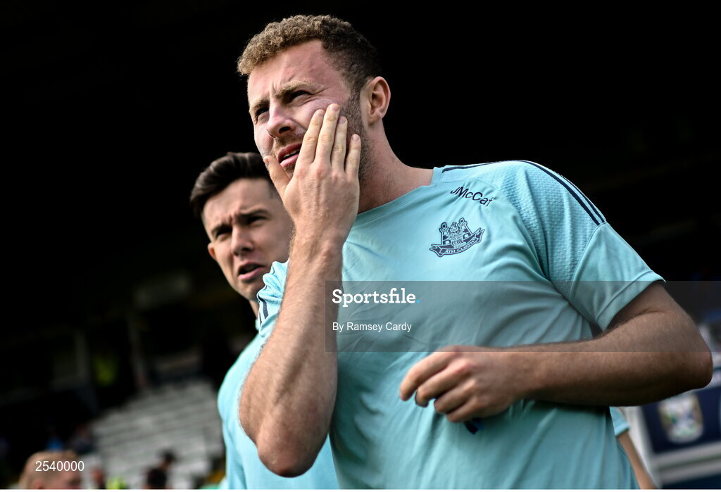 18 June 2023; Jack McCaffrey of Dublin applies suncream before the GAA Football All-Ireland Senior Championship Round 3 match between Dublin and Sligo at Kingspan Breffni in Cavan. Photo by Ramsey Cardy/Sportsfile