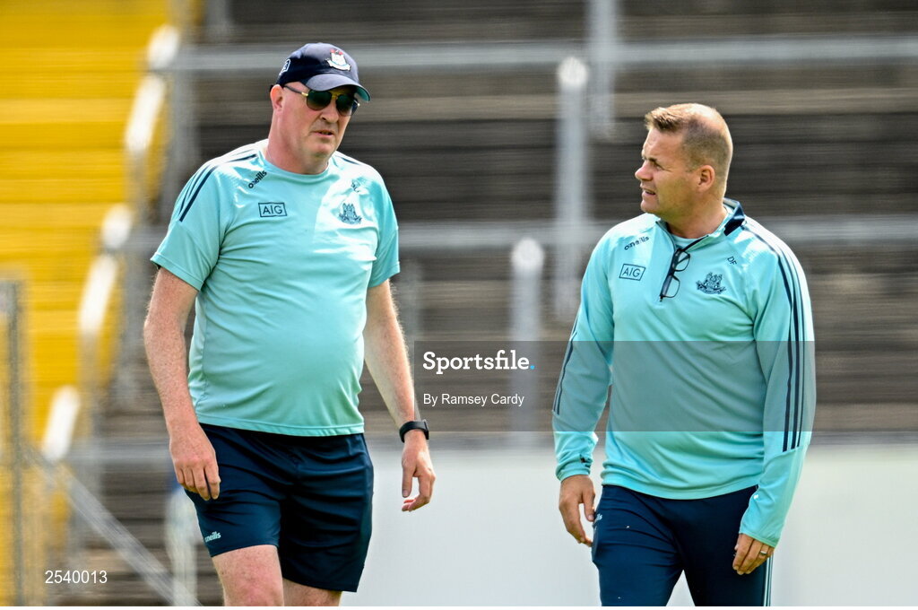 18 June 2023; Dublin manager Dessie Farrell, right, and selector Pat Gilroy before the GAA Football All-Ireland Senior Championship Round 3 match between Dublin and Sligo at Kingspan Breffni in Cavan. Photo by Ramsey Cardy/Sportsfile