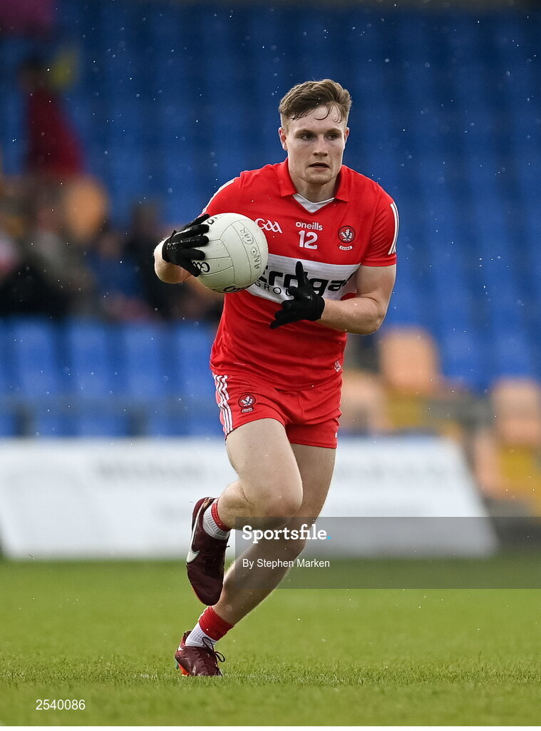 17 June 2023; Ethan Doherty of Derry during the GAA Football All-Ireland Senior Championship Round 3 match between Derry and Clare at Glennon Brothers Pearse Park in Longford. Photo by Stephen Marken/Sportsfile