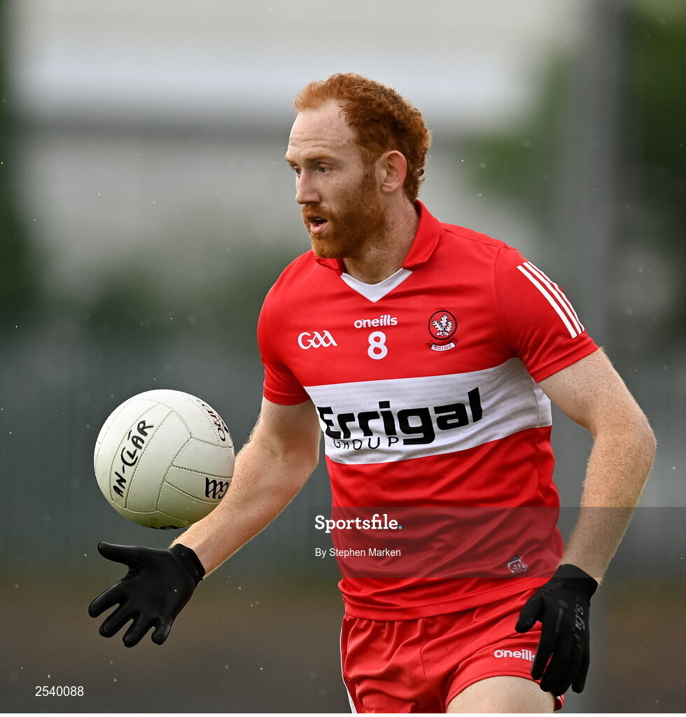 17 June 2023; Conor Glass of Derry during the GAA Football All-Ireland Senior Championship Round 3 match between Derry and Clare at Glennon Brothers Pearse Park in Longford. Photo by Stephen Marken/Sportsfile