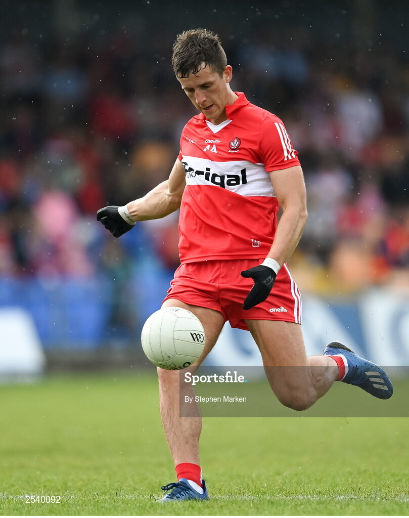 17 June 2023; Shane McGuigan of Derry during the GAA Football All-Ireland Senior Championship Round 3 match between Derry and Clare at Glennon Brothers Pearse Park in Longford. Photo by Stephen Marken/Sportsfile