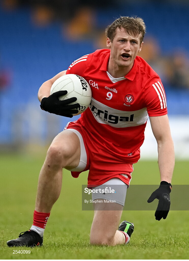 17 June 2023; Brendan Rogers of Derry during the GAA Football All-Ireland Senior Championship Round 3 match between Derry and Clare at Glennon Brothers Pearse Park in Longford. Photo by Stephen Marken/Sportsfile
