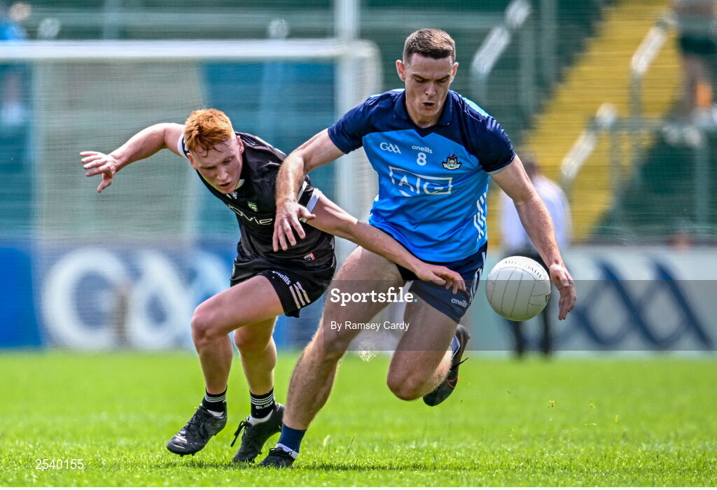 18 June 2023; Brian Fenton of Dublin in action against Evan Lyons of Sligo during the GAA Football All-Ireland Senior Championship Round 3 match between Dublin and Sligo at Kingspan Breffni in Cavan. Photo by Ramsey Cardy/Sportsfile