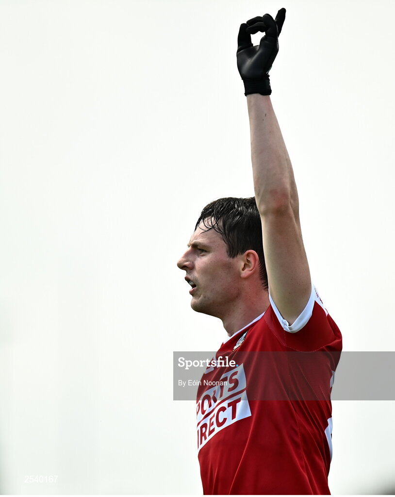 18 June 2023; Eoghan McSweeney of Cork celebrates a score during the GAA Football All-Ireland Senior Championship Round 3 match between Cork and Mayo at TUS Gaelic Grounds in Limerick. Photo by Eóin Noonan/Sportsfile