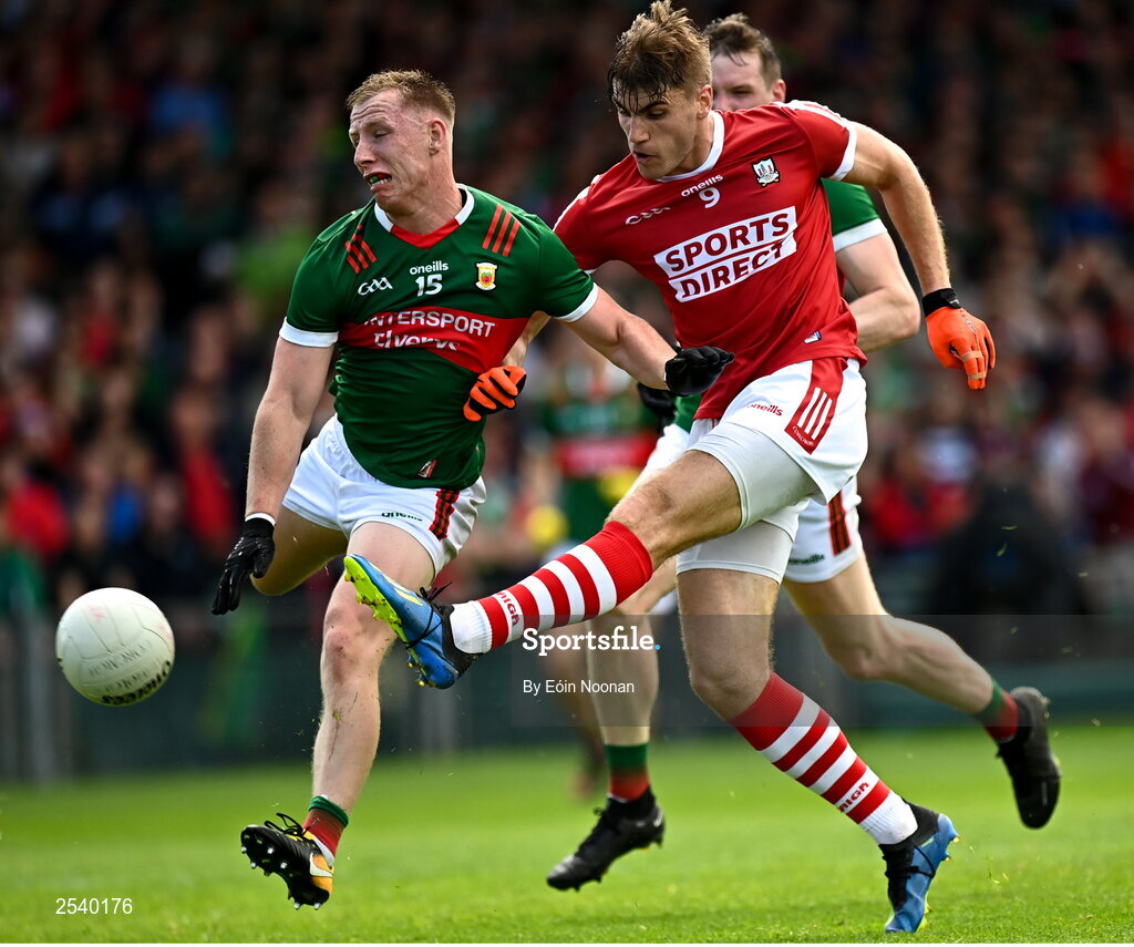 18 June 2023; Ian Maguire of Cork in action against Ryan O'Donoghue of Mayo during the GAA Football All-Ireland Senior Championship Round 3 match between Cork and Mayo at TUS Gaelic Grounds in Limerick. Photo by Eóin Noonan/Sportsfile
