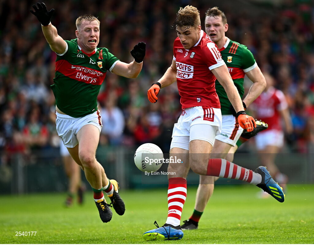 18 June 2023; Ian Maguire of Cork in action against Ryan O'Donoghue of Mayo during the GAA Football All-Ireland Senior Championship Round 3 match between Cork and Mayo at TUS Gaelic Grounds in Limerick. Photo by Eóin Noonan/Sportsfile