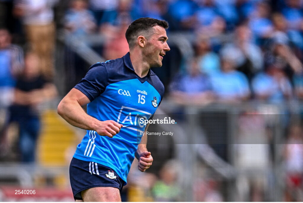 18 June 2023; Colm Basquel of Dublin after scoring his side's second goal despite the tackle of Jack Lavin of Sligo during the GAA Football All-Ireland Senior Championship Round 3 match between Dublin and Sligo at Kingspan Breffni in Cavan. Photo by Ramsey Cardy/Sportsfile
