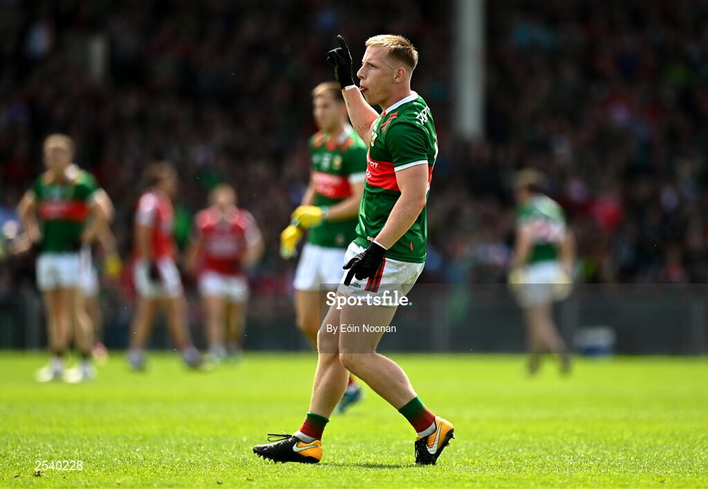18 June 2023; Ryan O'Donoghue of Mayo celebrates score during the GAA Football All-Ireland Senior Championship Round 3 match between Cork and Mayo at TUS Gaelic Grounds in Limerick. Photo by Eóin Noonan/Sportsfile