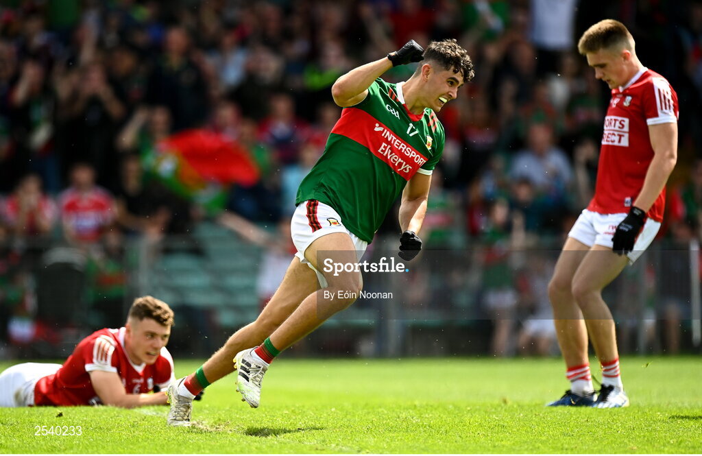 18 June 2023; Tommy Conroy of Mayo celebrates after scoring his side's first goal during the GAA Football All-Ireland Senior Championship Round 3 match between Cork and Mayo at TUS Gaelic Grounds in Limerick. Photo by Eóin Noonan/Sportsfile