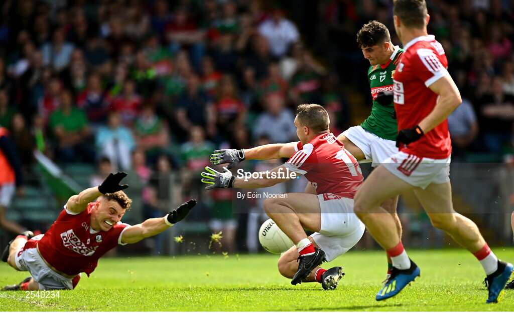 18 June 2023; Tommy Conroy of Mayo shoots to score his side's first goal during the GAA Football All-Ireland Senior Championship Round 3 match between Cork and Mayo at TUS Gaelic Grounds in Limerick. Photo by Eóin Noonan/Sportsfile