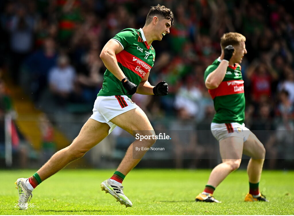 18 June 2023; Tommy Conroy of Mayo celebrates after scoring his side's first goal during the GAA Football All-Ireland Senior Championship Round 3 match between Cork and Mayo at TUS Gaelic Grounds in Limerick. Photo by Eóin Noonan/Sportsfile