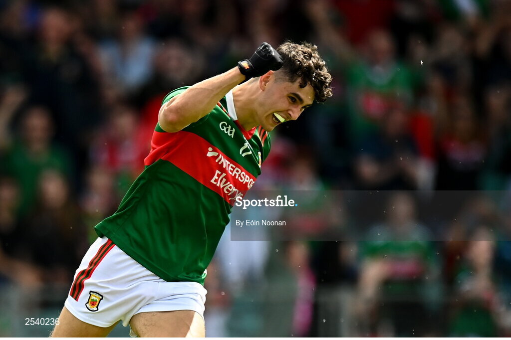 18 June 2023; Tommy Conroy of Mayo celebrates after scoring his side's first goal during the GAA Football All-Ireland Senior Championship Round 3 match between Cork and Mayo at TUS Gaelic Grounds in Limerick. Photo by Eóin Noonan/Sportsfile