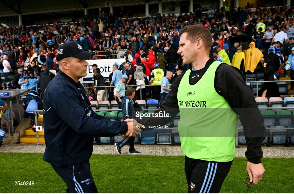 18 June 2023; Dublin manager Dessie Farrell, left, and Sligo manager Tony McEntee shake hands after the GAA Football All-Ireland Senior Championship Round 3 match between Dublin and Sligo at Kingspan Breffni in Cavan. Photo by Ramsey Cardy/Sportsfile