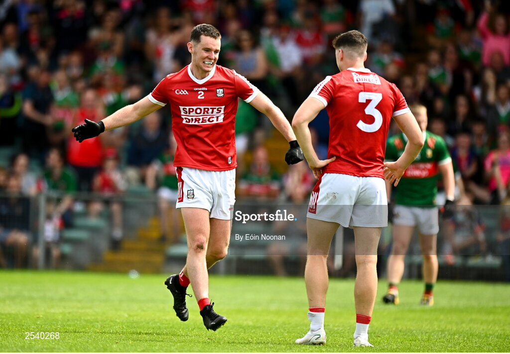 18 June 2023; Maurice Shanley of Cork celebrates with teammate Rory Maguire at the final whiste during the GAA Football All-Ireland Senior Championship Round 3 match between Cork and Mayo at TUS Gaelic Grounds in Limerick. Photo by Eóin Noonan/Sportsfile