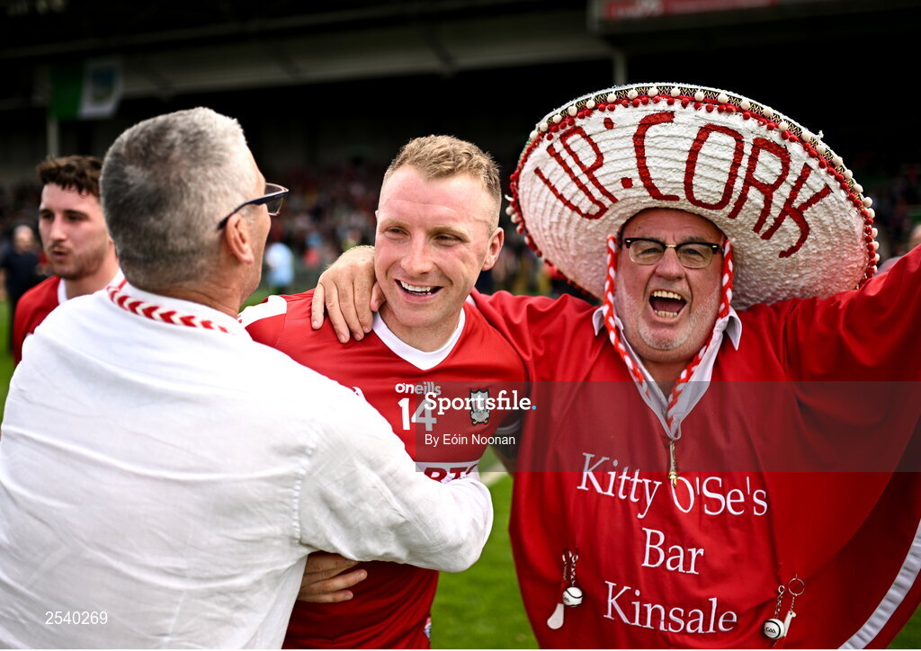 18 June 2023; Brian Hurley of Cork celebrates with supporters after the GAA Football All-Ireland Senior Championship Round 3 match between Cork and Mayo at TUS Gaelic Grounds in Limerick. Photo by Eóin Noonan/Sportsfile