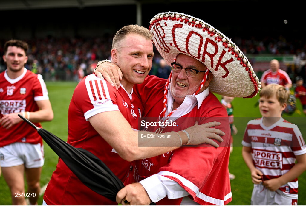 18 June 2023; Brian Hurley of Cork celebrates with supporters after the GAA Football All-Ireland Senior Championship Round 3 match between Cork and Mayo at TUS Gaelic Grounds in Limerick. Photo by Eóin Noonan/Sportsfile