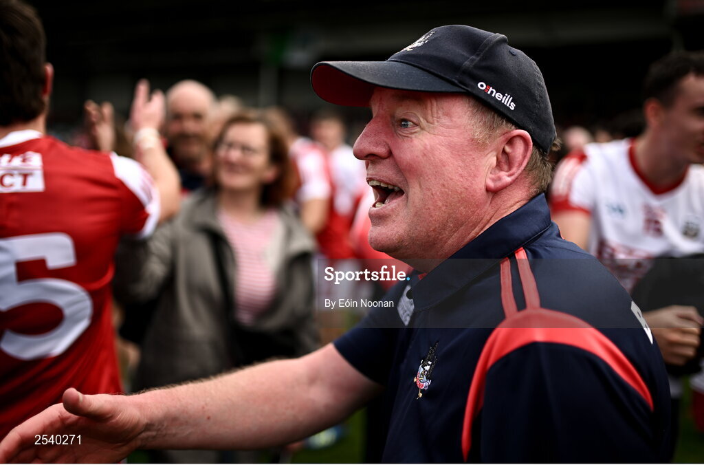 18 June 2023; Cork manager John Cleary celebrates with supporters after the GAA Football All-Ireland Senior Championship Round 3 match between Cork and Mayo at TUS Gaelic Grounds in Limerick. Photo by Eóin Noonan/Sportsfile