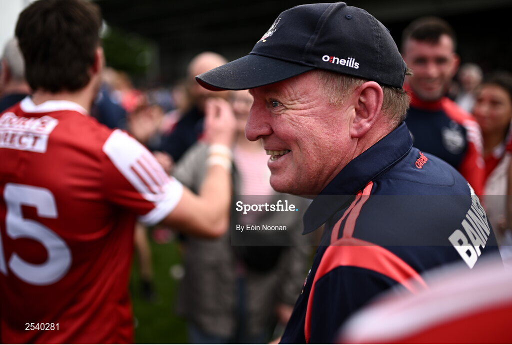 18 June 2023; Cork manager John Cleary celebrates with supporters after the GAA Football All-Ireland Senior Championship Round 3 match between Cork and Mayo at TUS Gaelic Grounds in Limerick. Photo by Eóin Noonan/Sportsfile