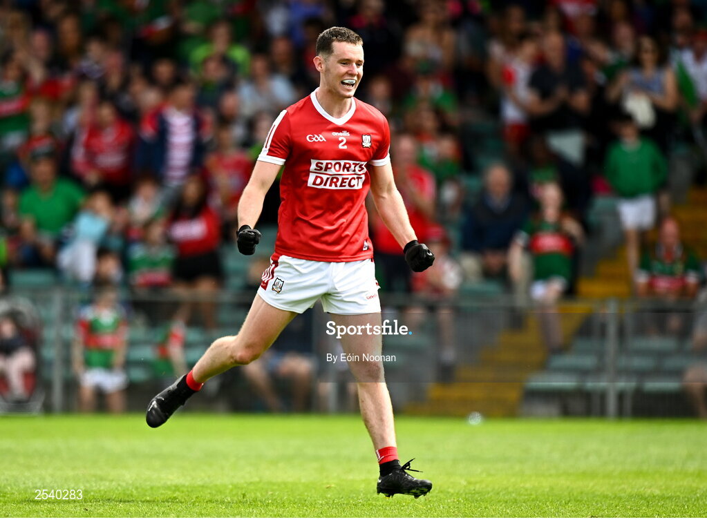 18 June 2023; Maurice Shanley of Cork celebrates at the final whiste during the GAA Football All-Ireland Senior Championship Round 3 match between Cork and Mayo at TUS Gaelic Grounds in Limerick. Photo by Eóin Noonan/Sportsfile