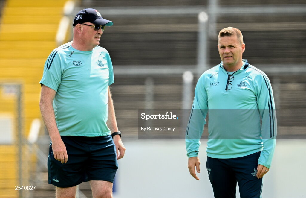 18 June 2023; Dublin selector Pat Gilroy, left, and Dublin manager Dessie Farrell before the GAA Football All-Ireland Senior Championship Round 3 match between Dublin and Sligo at Kingspan Breffni in Cavan. Photo by Ramsey Cardy/Sportsfile