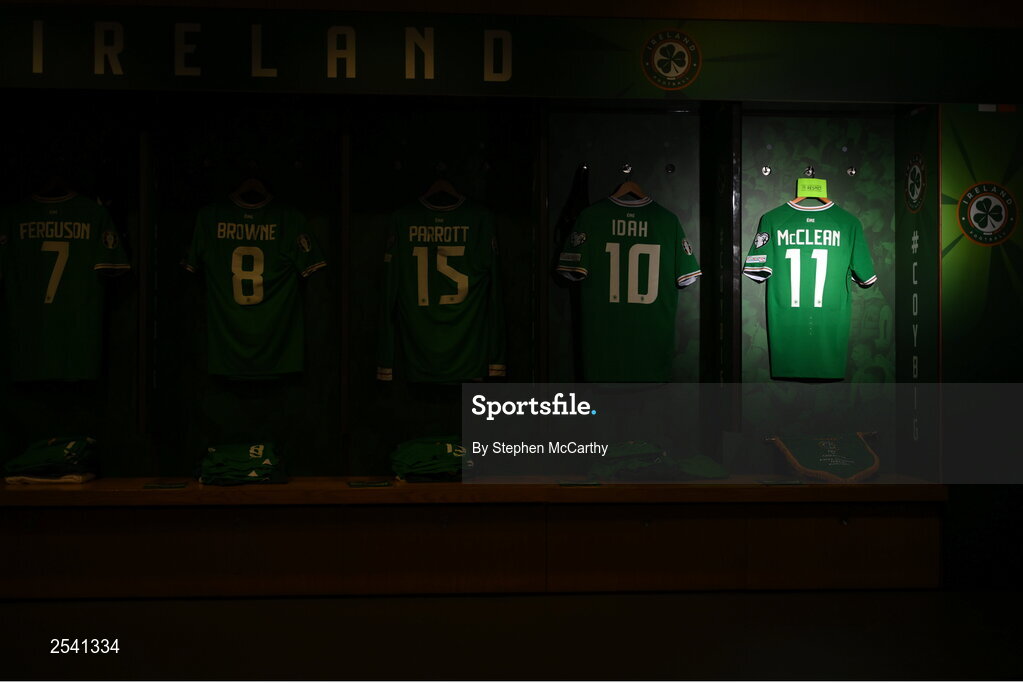 19 June 2023; The jersey of Republic of Ireland captain James McClean and teammates hangs in their dressing room before the UEFA EURO 2024 Championship qualifying group B match between Republic of Ireland and Gibraltar at the Aviva Stadium in Dublin. Photo by Stephen McCarthy/Sportsfile